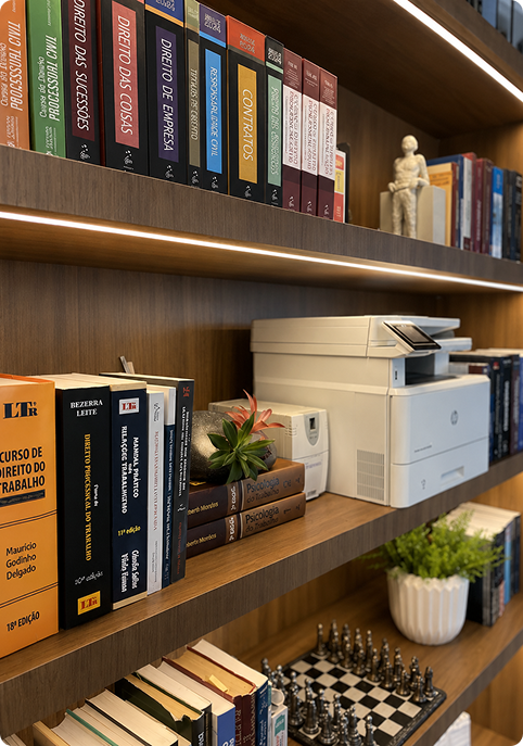 Estante com livros na sala do escritório Possebon Advogados